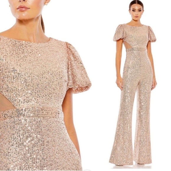 Mac Duggal Ieena Sz 4 Short Sleeve Rose Gold Sequined Evening Jumpsuit - Picture 1 of 6